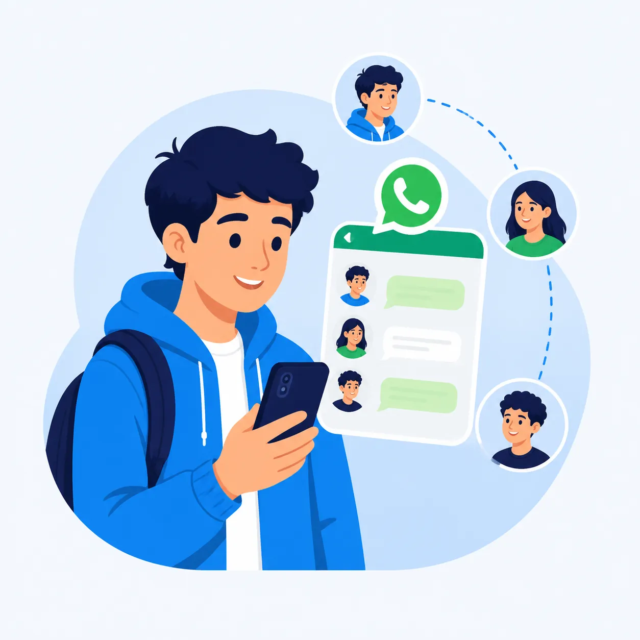 Illustration of a student connecting with the design academy on WhatsApp