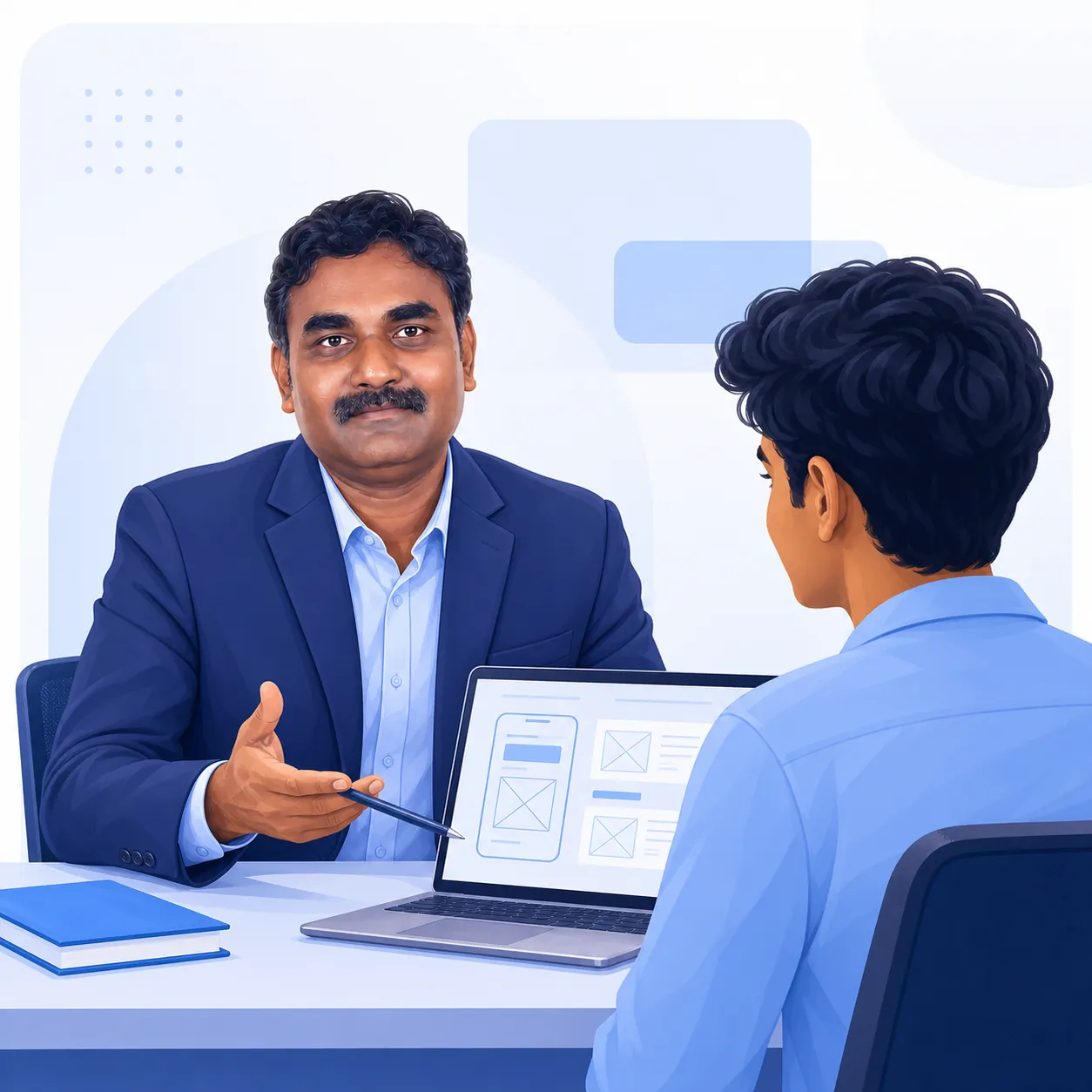Illustration of a UX design mentor discussing wireframes with a student on a laptop