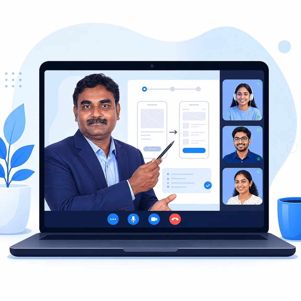 Illustration of a mentor teaching a free online UX UI demo class over video call