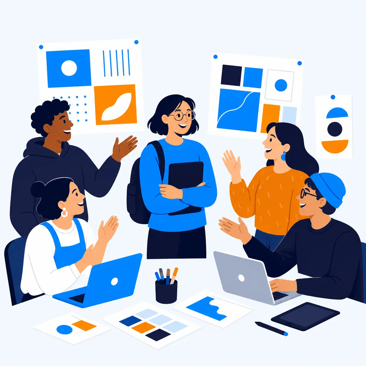 Illustration of new students meeting their UX UI design batch group