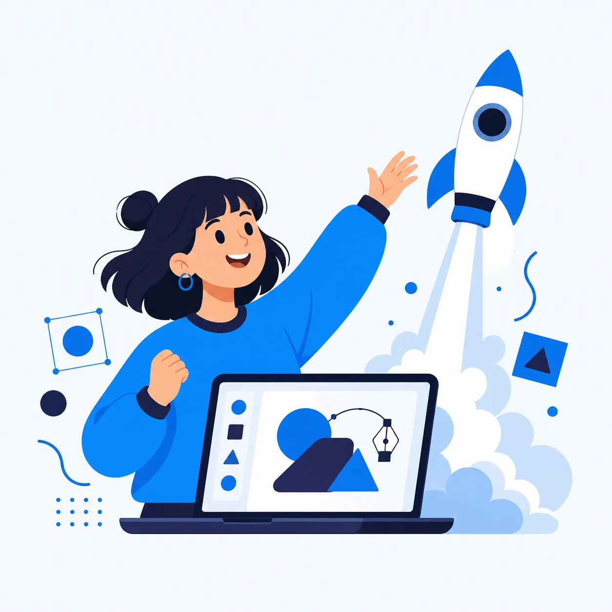 Illustration of a student starting the UX UI design course with a rocket launch