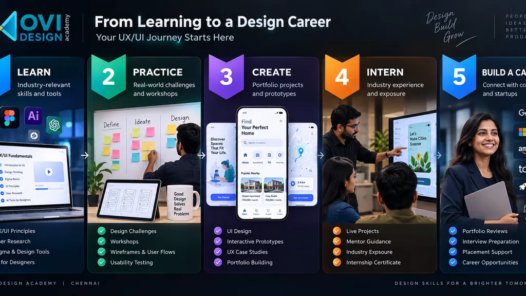 Learning path from UX UI fundamentals to practice, portfolio projects, internship and design career