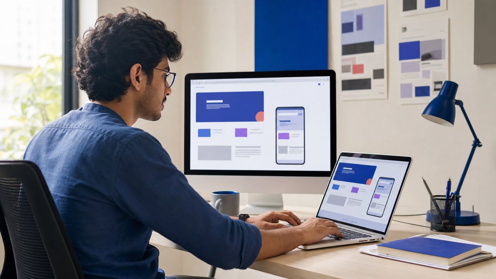Web designer creating a responsive website at a studio workstation