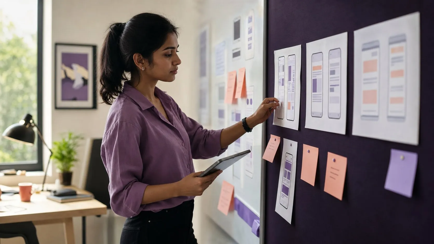 UX designer reviewing mobile wireframes and user research notes
