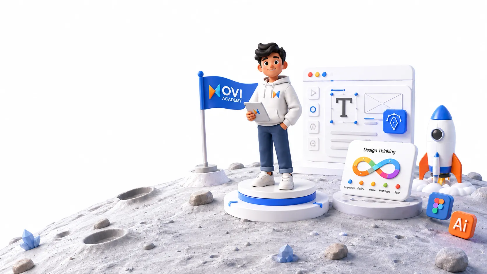 3D illustration of a design engineer with UI components, design thinking and AI tools