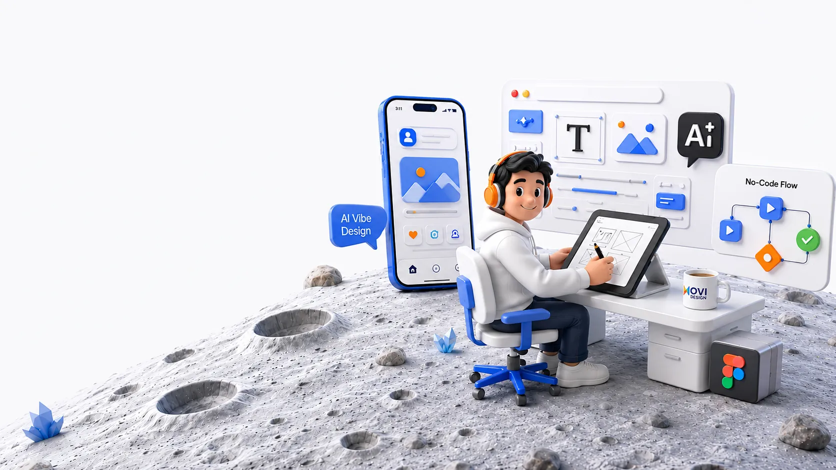 3D illustration of a designer creating UI with AI tools, Figma and no-code flows