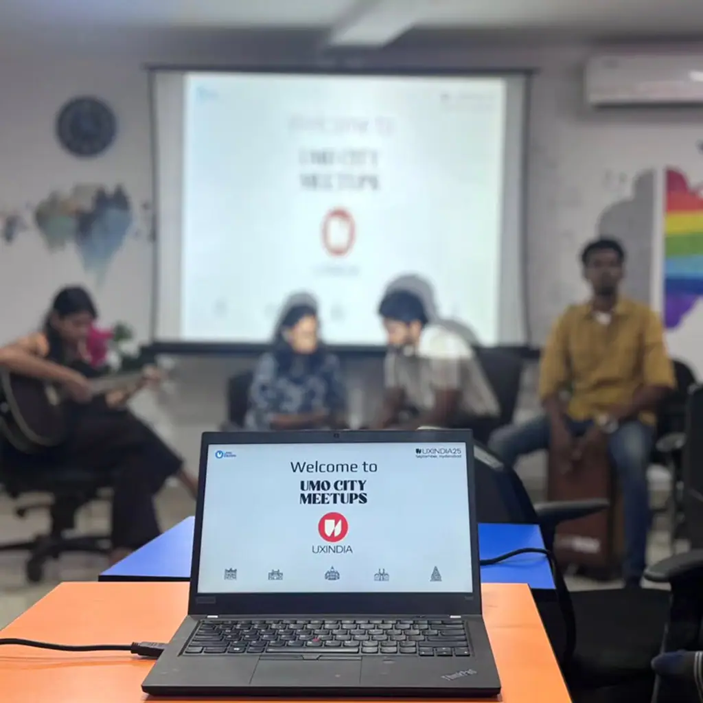 UXINDIA UMO City Meetup welcome screen at a UX design community event at Ovi Design Academy