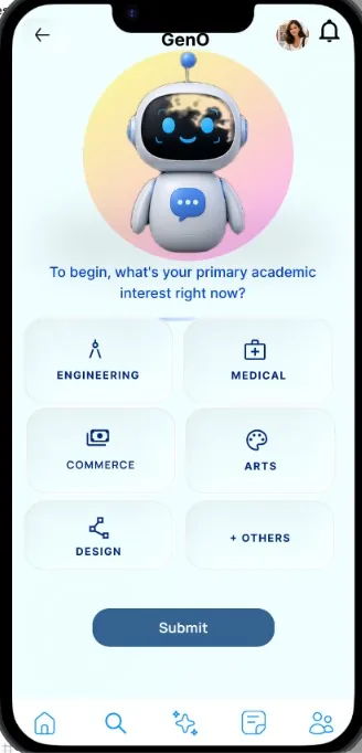 AI chatbot onboarding screen UI design by student Purvasha