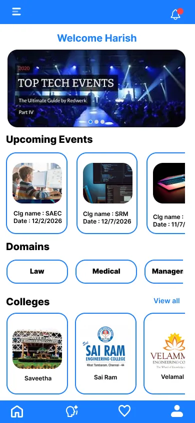 College tech events app home screen UI design by student Karthick