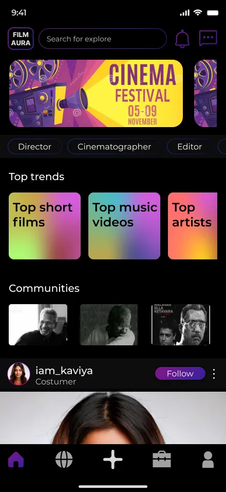 Filmaura app home screen UI design by student Dhanush